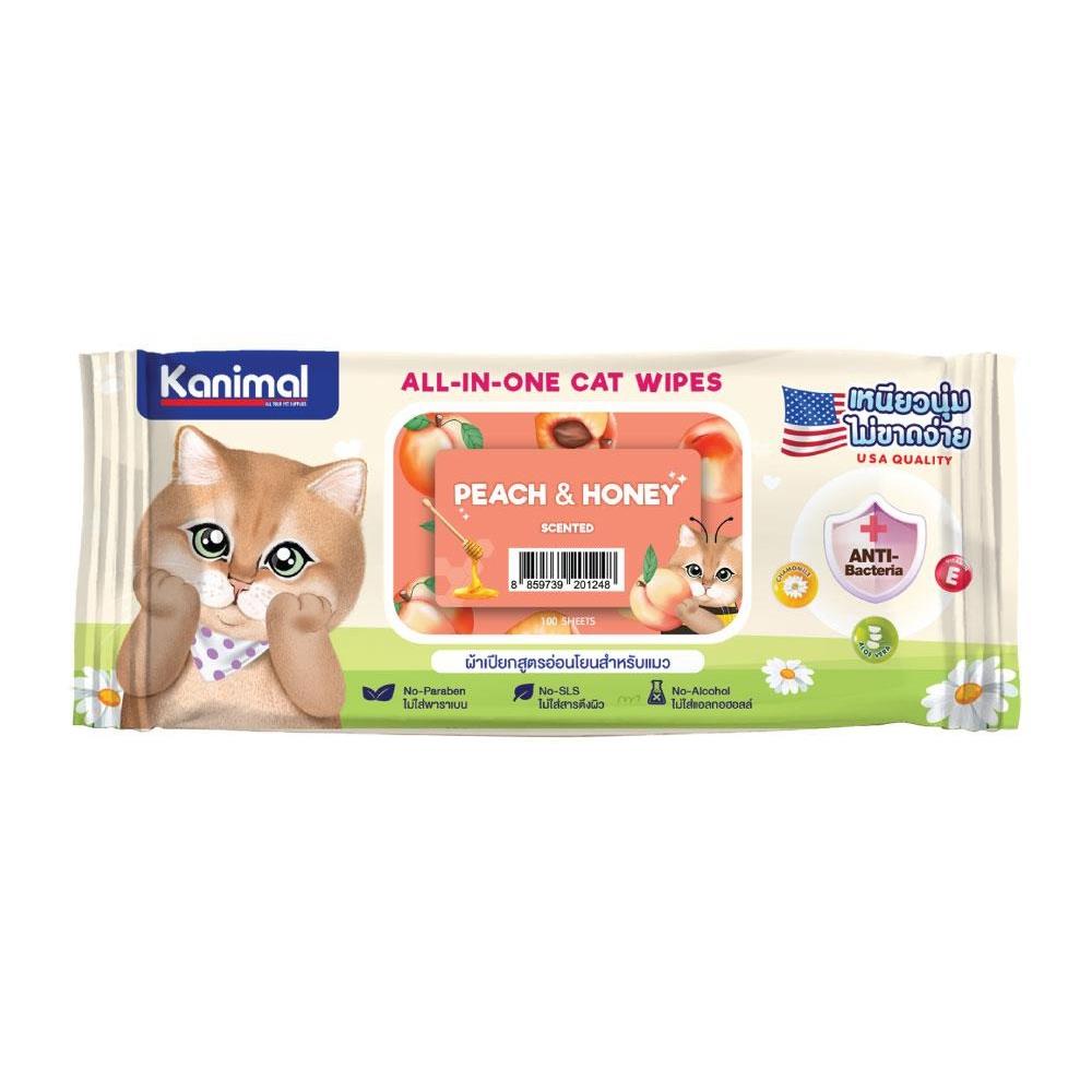 ผ้าเช็ดทำความสะอาดสำหรับแมว KANIMAL กลิ่น PEACH AND HONEY 100 แผ่น