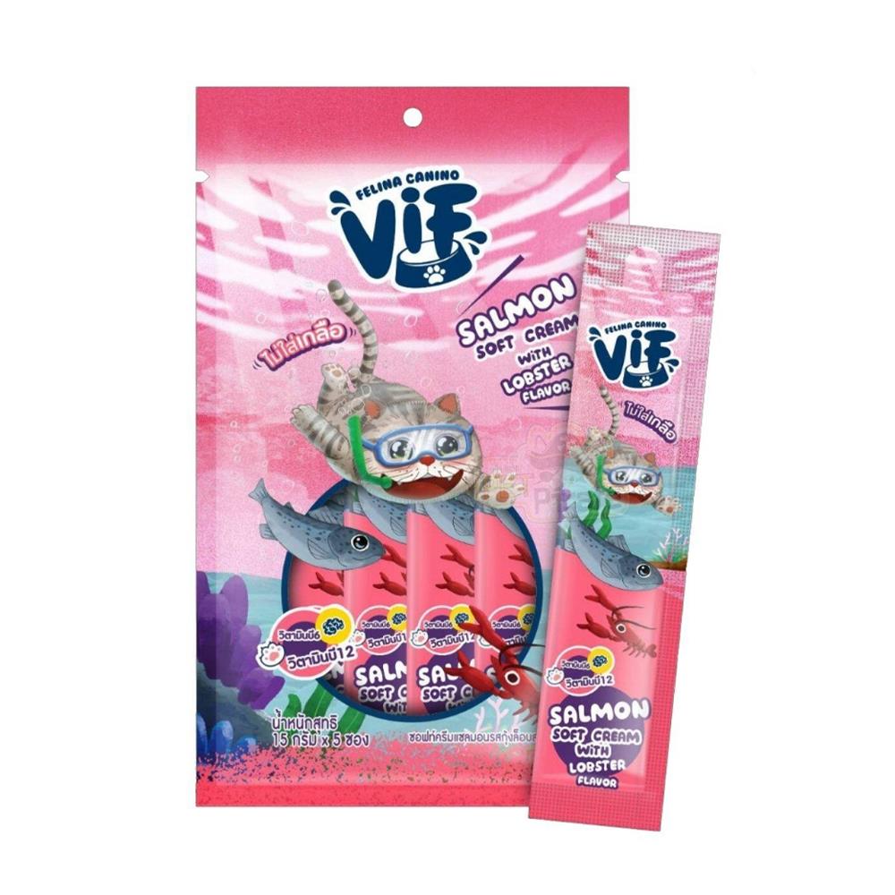 ขนมแมวเลีย FELINA CANINO VIF ซอฟท์ครีมแซลมอนรสล็อบสเตอร์ 15 ก. (แพ็ก 5 ชิ้น)