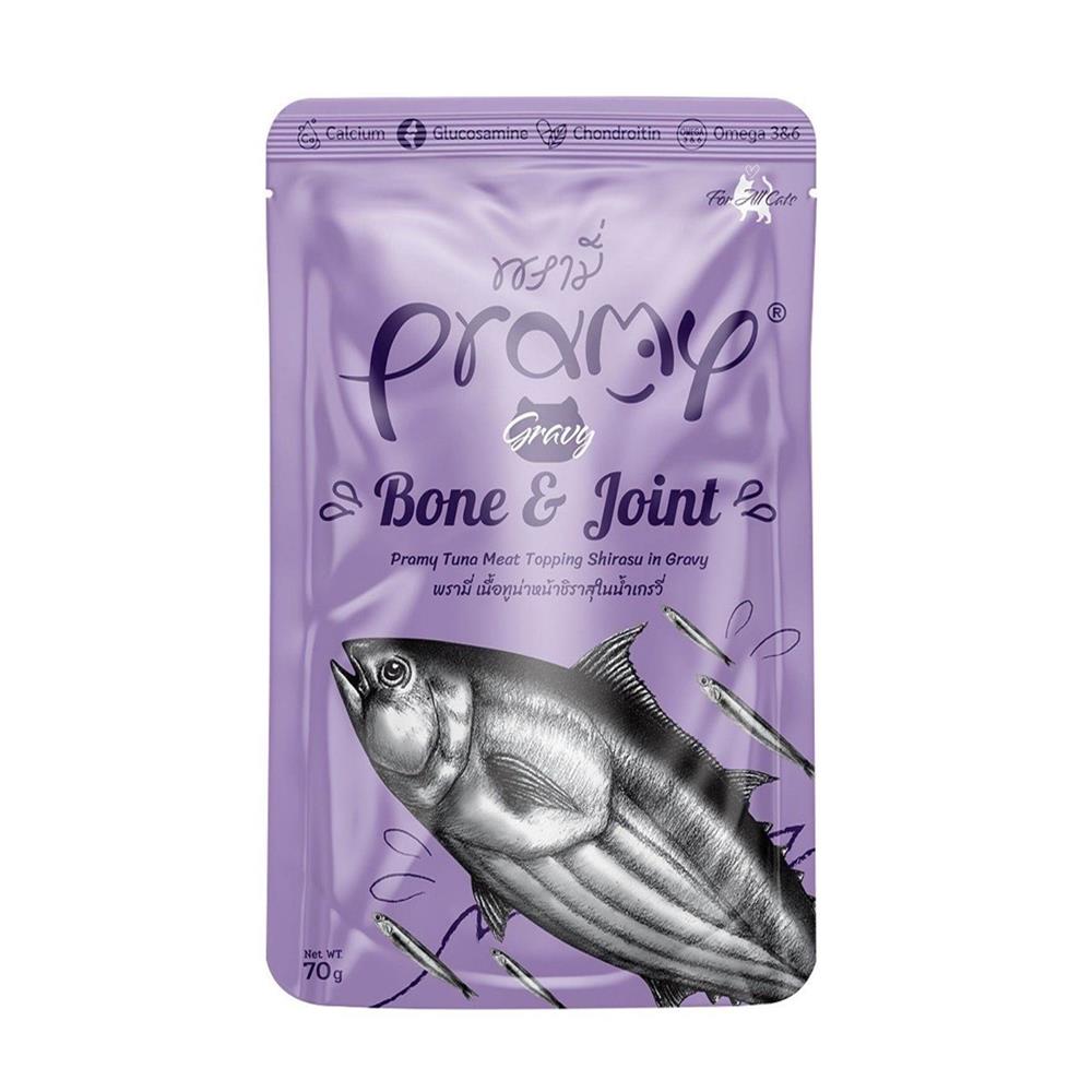 อาหารเปียกแมว PRAMY BONE AND JOINT TUNA MEAT TOPPING SHIRASU IN GRAVY 70 ก.