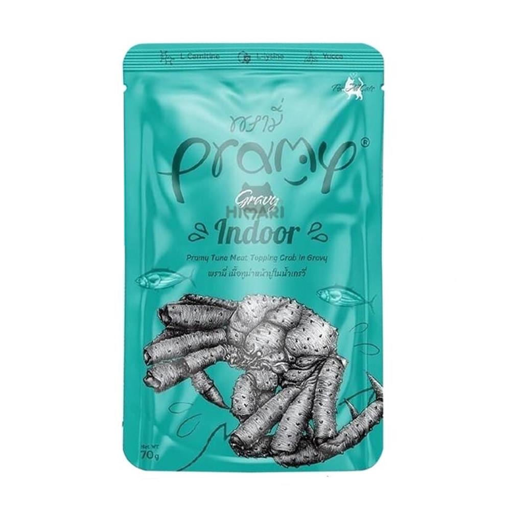 อาหารเปียกแมว PRAMY INDOOR TUNA MEAT TOPPING CRAB IN GRAVY 70 ก.