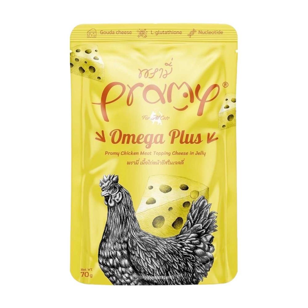 อาหารเปียกแมว PRAMY OMEGA PLUS เนื้อไก่หน้าชีสในเจลลี่ 70 ก.