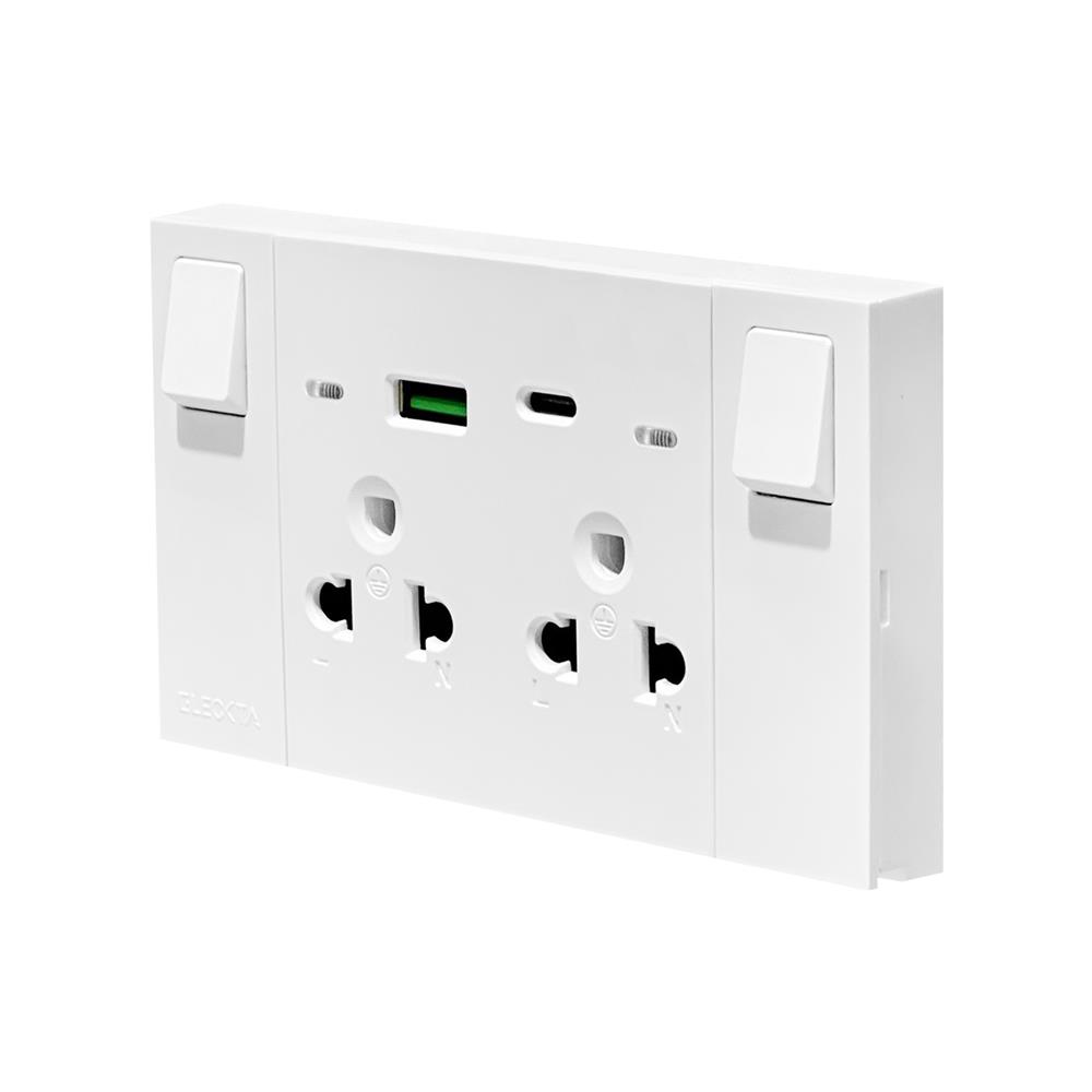 ชุดเต้ารับคู่ 3 ขา มีสวิตช์คุม พร้อมช่อง USB AC ELECKTA VERVE สีขาว