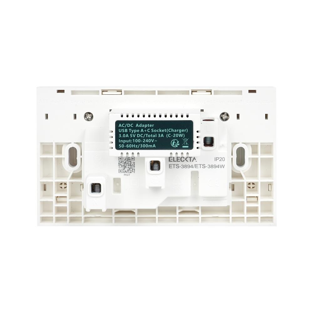 ชุดเต้ารับคู่ 3 ขา มีสวิตช์คุม พร้อมช่อง USB AC ELECKTA VERVE สีขาว