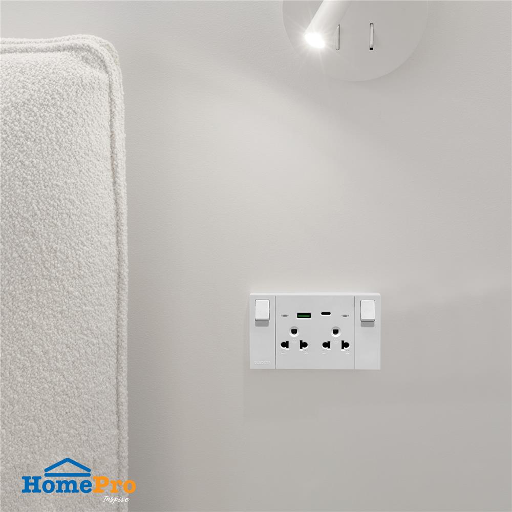 ชุดเต้ารับคู่ 3 ขา มีสวิตช์คุม พร้อมช่อง USB AC ELECKTA VERVE สีขาว