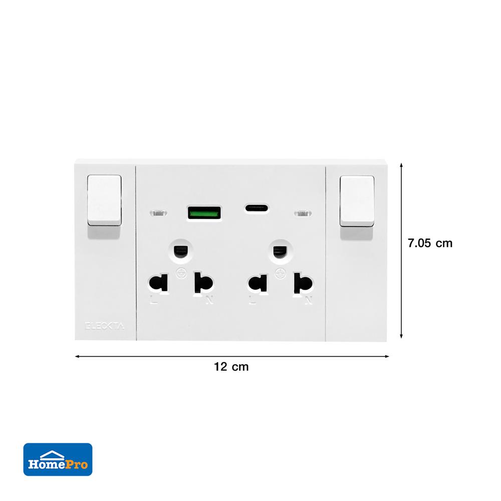 ชุดเต้ารับคู่ 3 ขา มีสวิตช์คุม พร้อมช่อง USB AC ELECKTA VERVE สีขาว