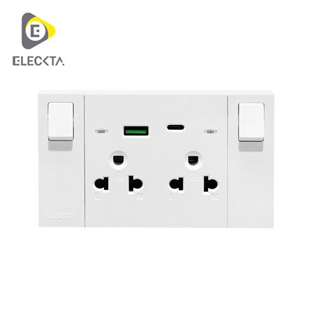 ชุดเต้ารับคู่ 3 ขา มีสวิตช์คุม พร้อมช่อง USB AC ELECKTA VERVE สีขาว