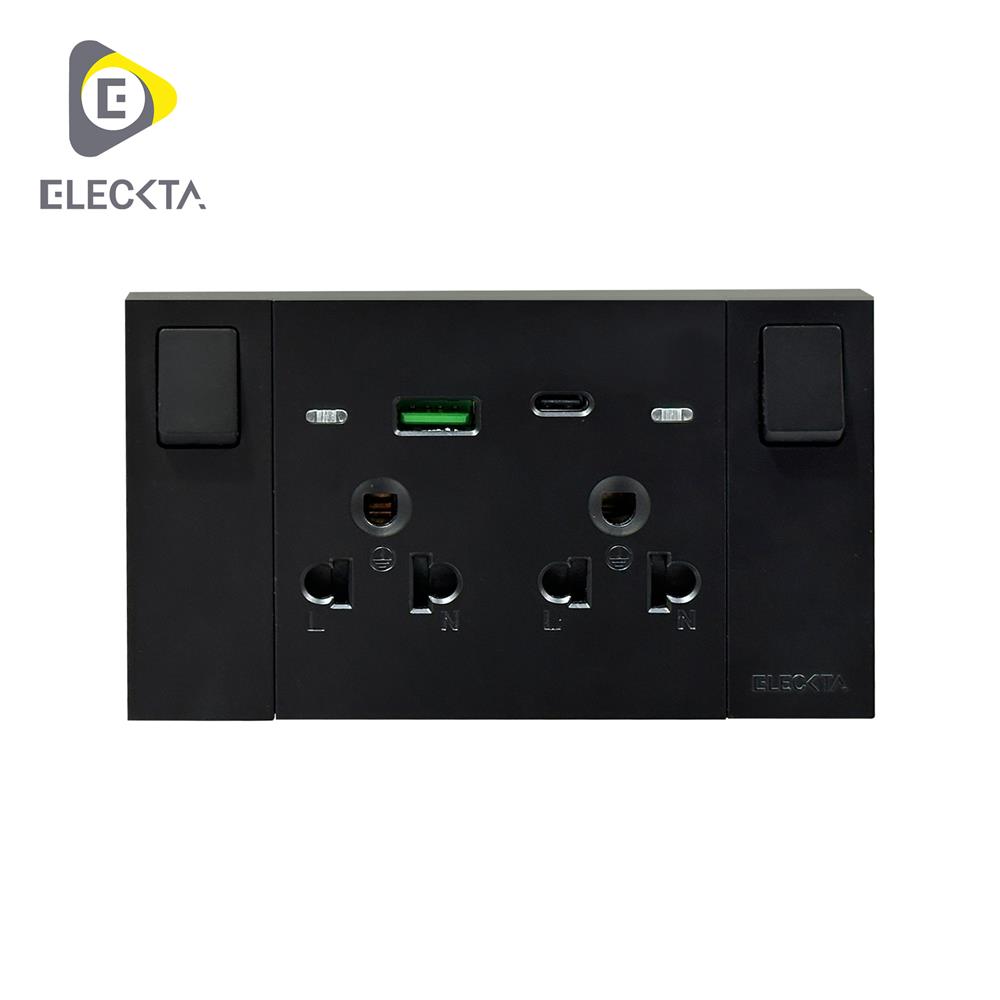 ชุดเต้ารับคู่ 3 ขา มีสวิตช์คุม พร้อมช่อง USB AC ELECKTA VERVE สีดำ_0