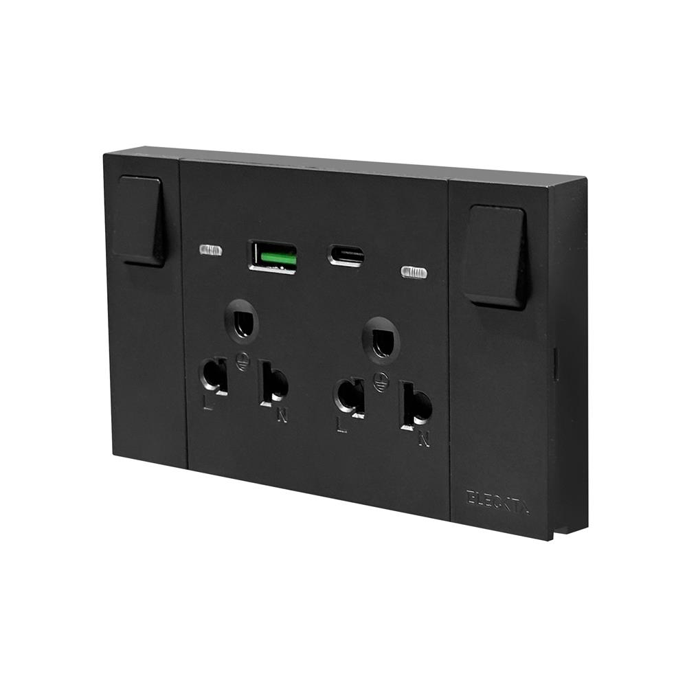 ชุดเต้ารับคู่ 3 ขา มีสวิตช์คุม พร้อมช่อง USB AC ELECKTA VERVE สีดำ