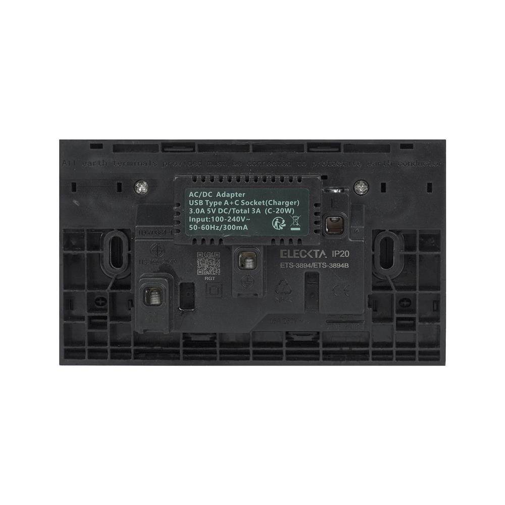 ชุดเต้ารับคู่ 3 ขา มีสวิตช์คุม พร้อมช่อง USB AC ELECKTA VERVE สีดำ