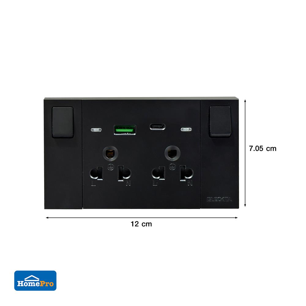 ชุดเต้ารับคู่ 3 ขา มีสวิตช์คุม พร้อมช่อง USB AC ELECKTA VERVE สีดำ