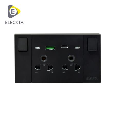 ชุดเต้ารับคู่ 3 ขา มีสวิตช์คุม พร้อมช่อง USB AC ELECKTA VERVE สีดำ