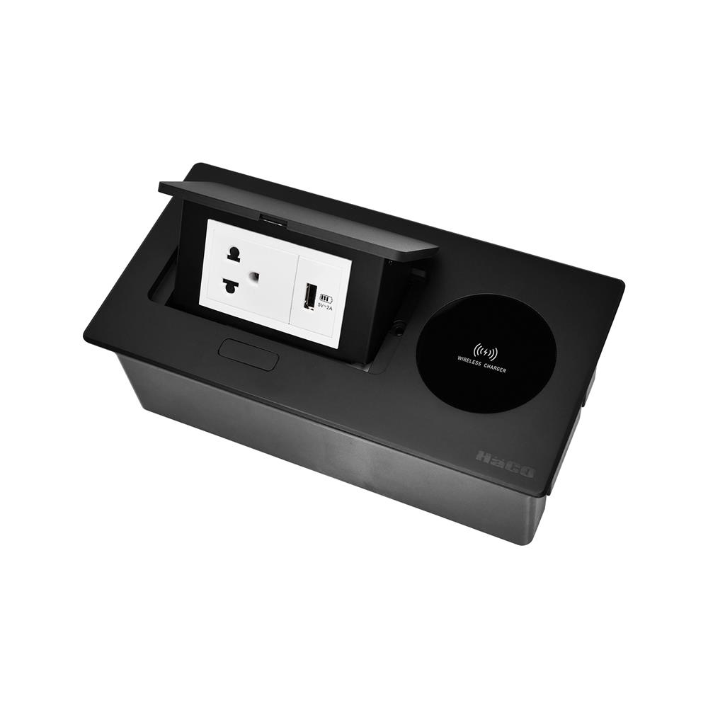 ชุดเต้ารับ 3 ขาฝังโต๊ะพร้อมแท่นชาร์จไร้สาย 10 วัตต์ HACO HTT-207W/T-E1USB สีดำ