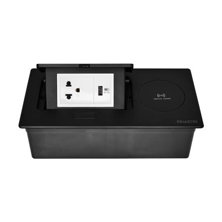 ชุดเต้ารับ 3 ขาฝังโต๊ะพร้อมแท่นชาร์จไร้สาย 10 วัตต์ HACO HTT-207W/T-E1USB สีดำ