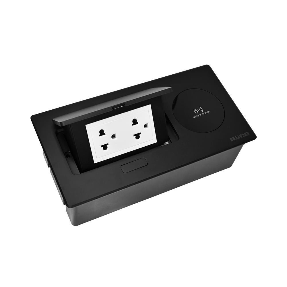 ชุดเต้ารับ 3 ขาฝังโต๊ะพร้อมแท่นชาร์จไร้สาย 10 วัตต์ HACO HTT-207W/T-E2 สีดำ