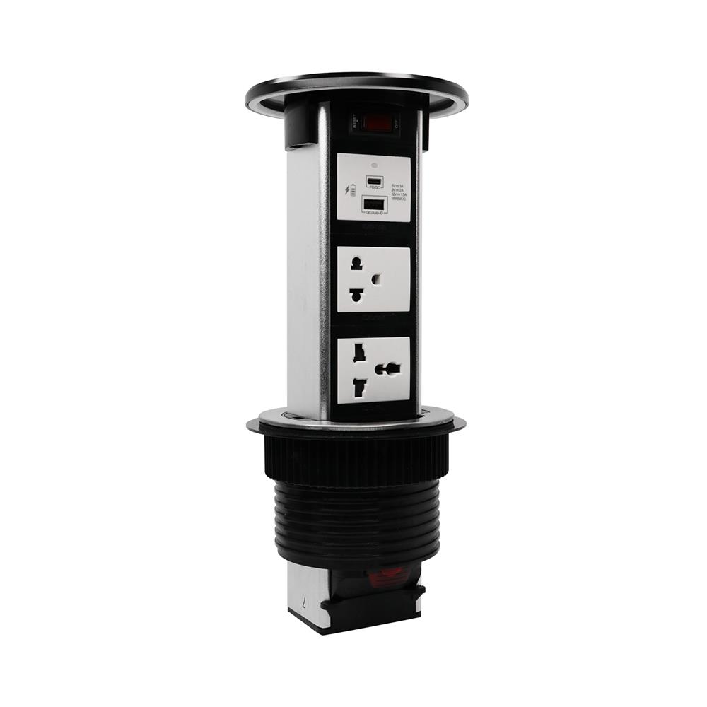 ชุดเต้ารับ 3 ช่องแนวตั้งฝังโต๊ะ พร้อมแท่นชาร์จไร้สาย HACO PTB-3W-PBK/EU-USB สีดำ