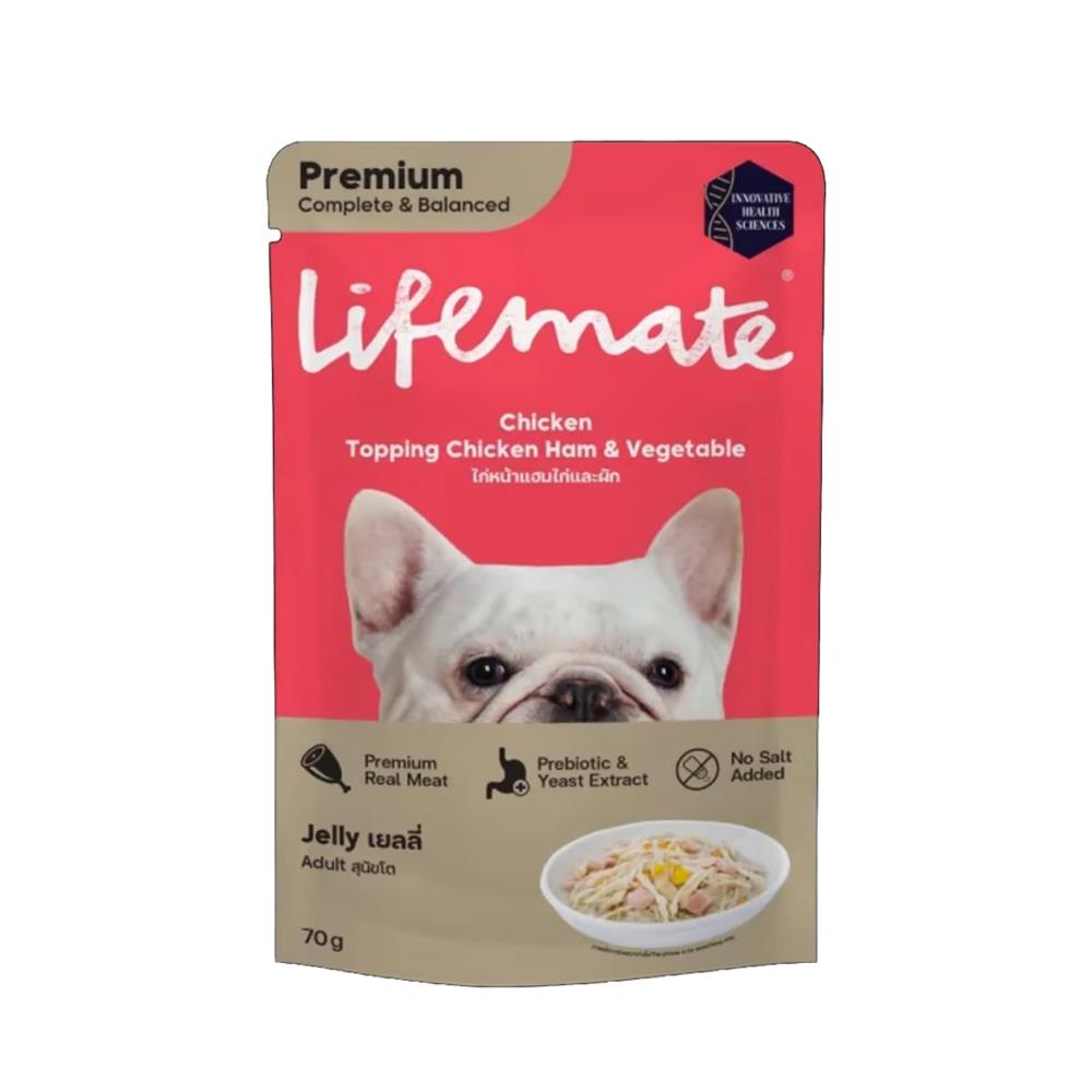 อาหารเปียกสุนัข LIFEMATE CHICKEN TOP CHICKEN HAM VEGETABLE IN JELLY 70 ก.