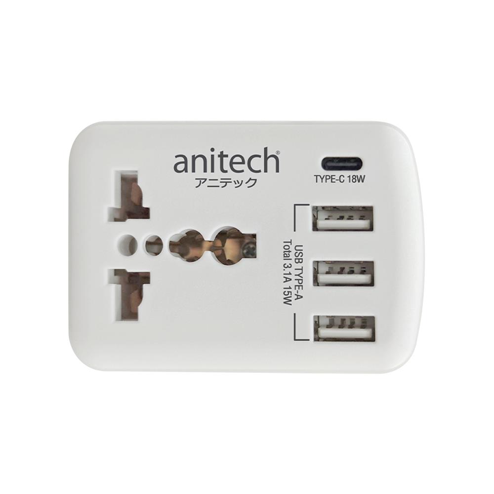 ปลั๊กแปลง 2 ขาแบน 1 ช่อง 3 USB 1 TYPE-C ANITECH H108UC สีขาว