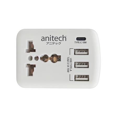 ปลั๊กแปลง 2 ขาแบน 1 ช่อง 3 USB 1 TYPE-C ANITECH H108UC สีขาว