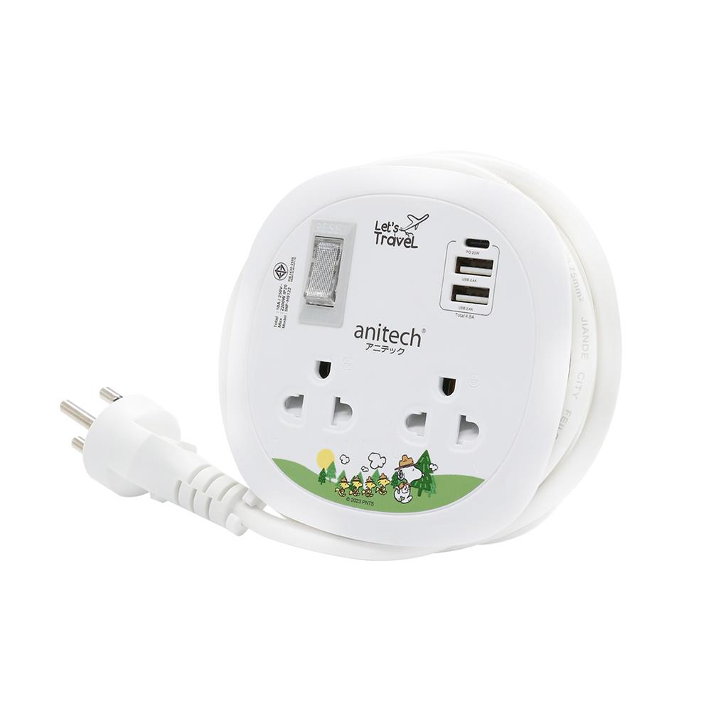 รางปลั๊กไฟพกพา 2 ช่อง 1 สวิตช์ 2 USB+1 TYPE-C PD ANITECH SNP-H9122 1.1 ม.