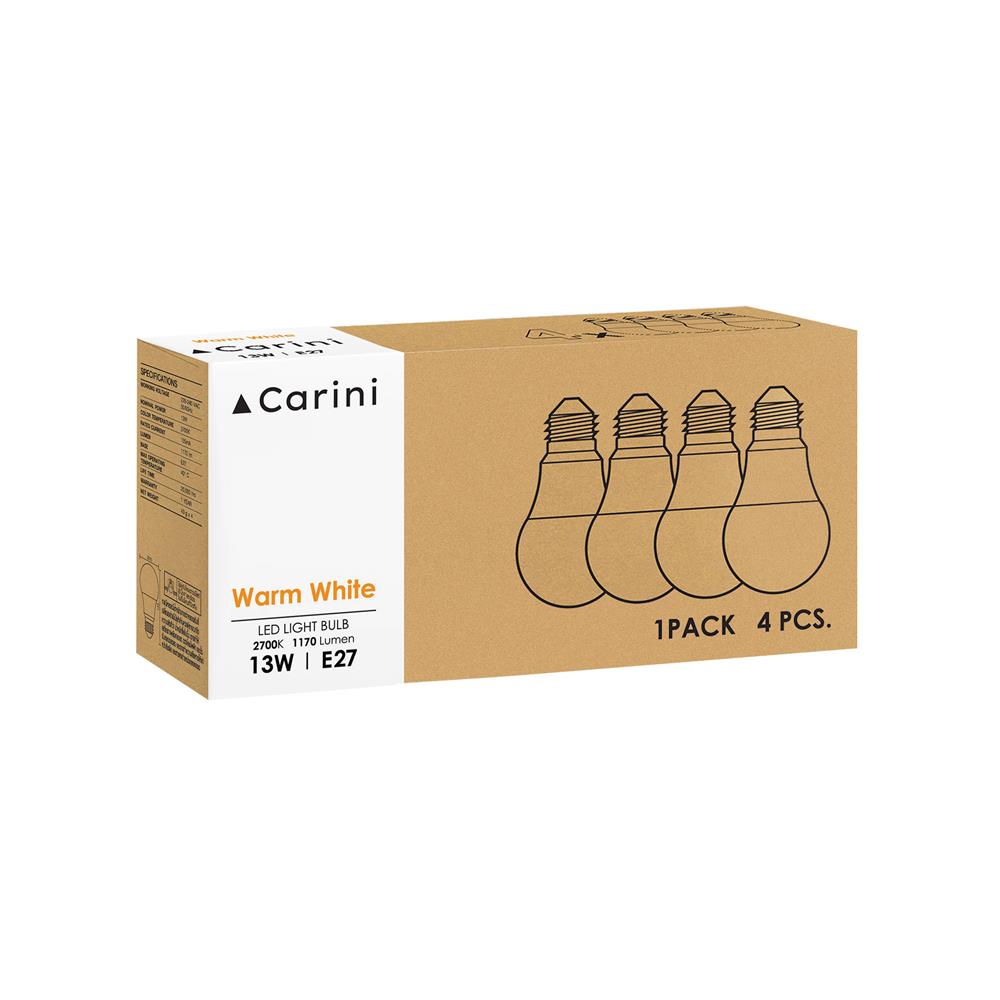 หลอด LED CARINI A65 ECOLIFE 13 วัตต์ WARM WHITE E27 แพ็ก 4 ชิ้น
