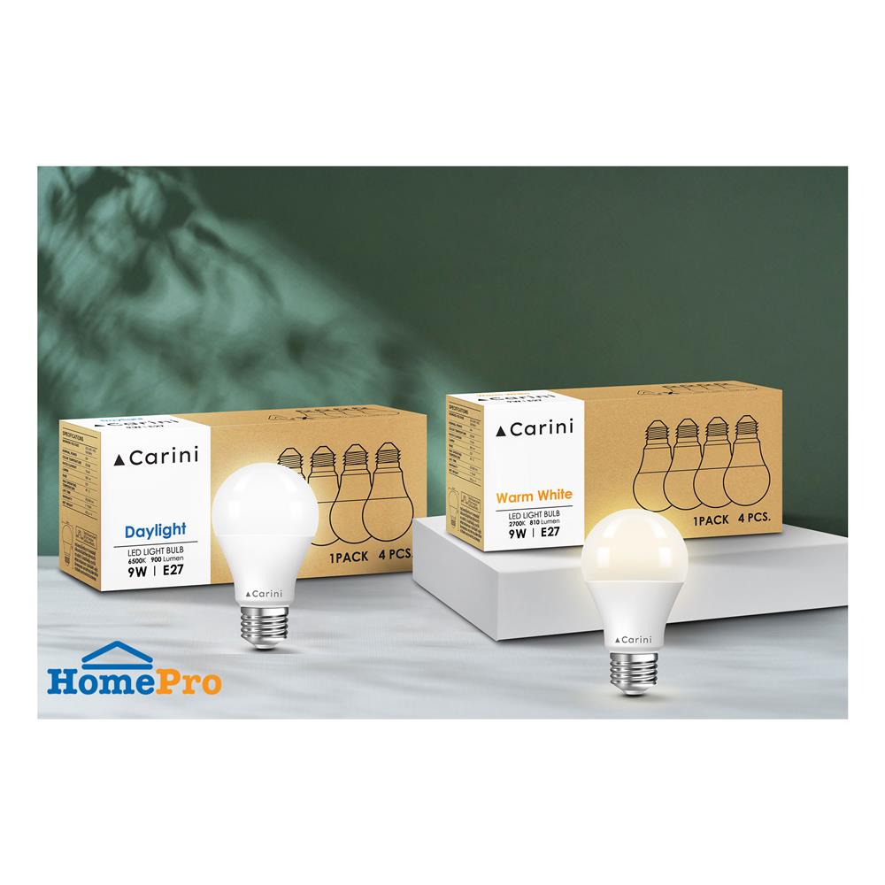 หลอด LED CARINI A60 ECOLIFE 9 วัตต์ WARM WHITE E27 แพ็ก 4 ชิ้น