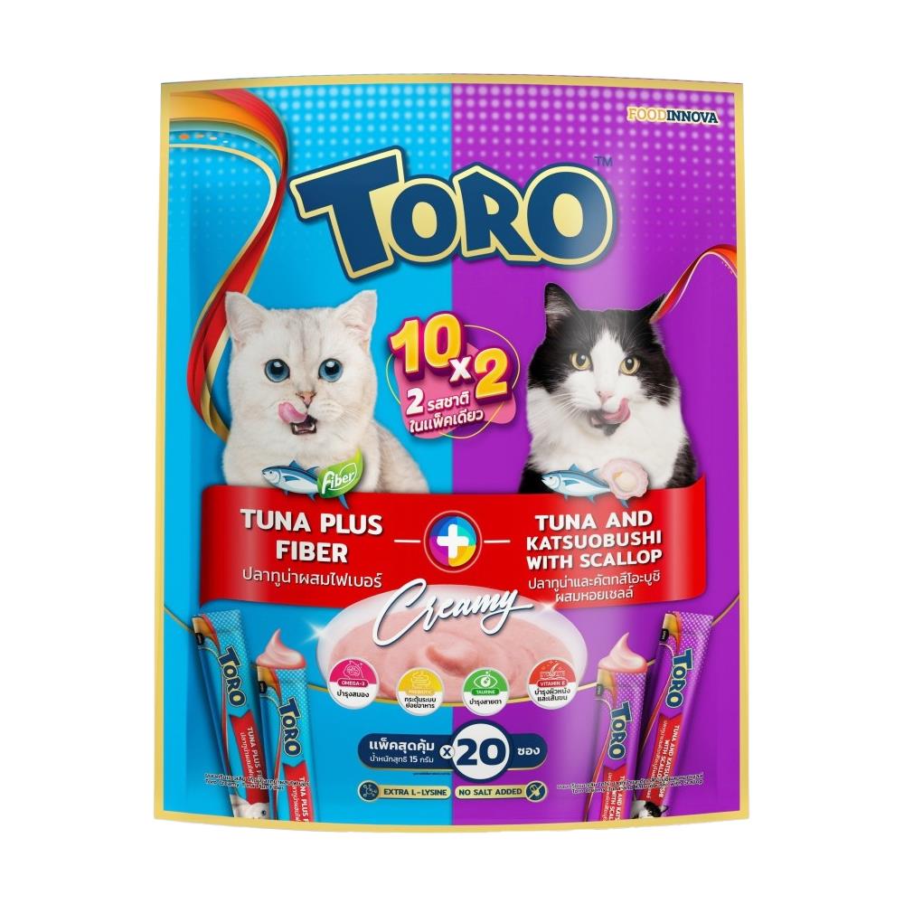 ขนมแมวเลีย TORO TUNA PLUS FIBER+TUNA KATSUOBUSHI WITH SCALLOP 15 ก. แพ็ก 20 ชิ้น