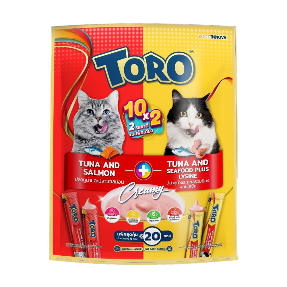 ขนมแมวเลีย TORO TUNA AND SALMON+TUNA AND SEAFOOD LYSINE 15 ก. แพ็ก 20 ชิ้น