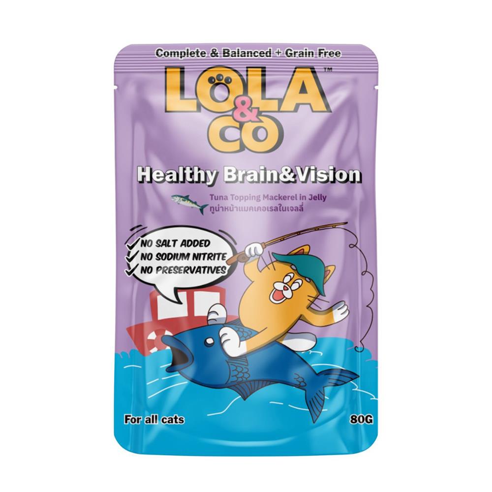 อาหารเปียกแมว LOLA&CO HEALTHY BRAIN AND VISION TUNA TOPPING MACKEREL IN JELLY 80 ก.