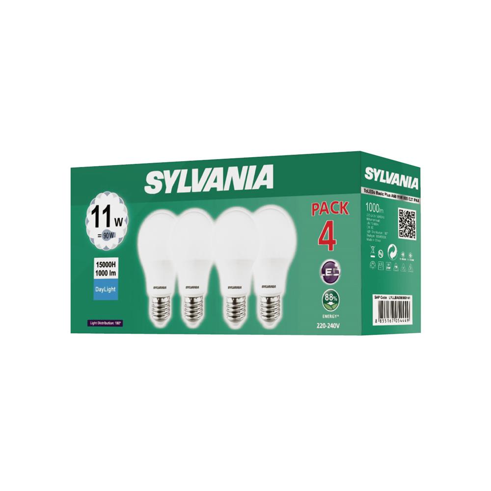 หลอด LED SYLVANIA BASIC PLUS 11 วัตต์ DAYLIGHT E27 แพ็ก 4 ชิ้น