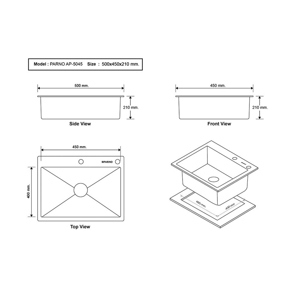 ซิงค์ฝัง 1 หลุม PARNO AP-5045 สีเงิน