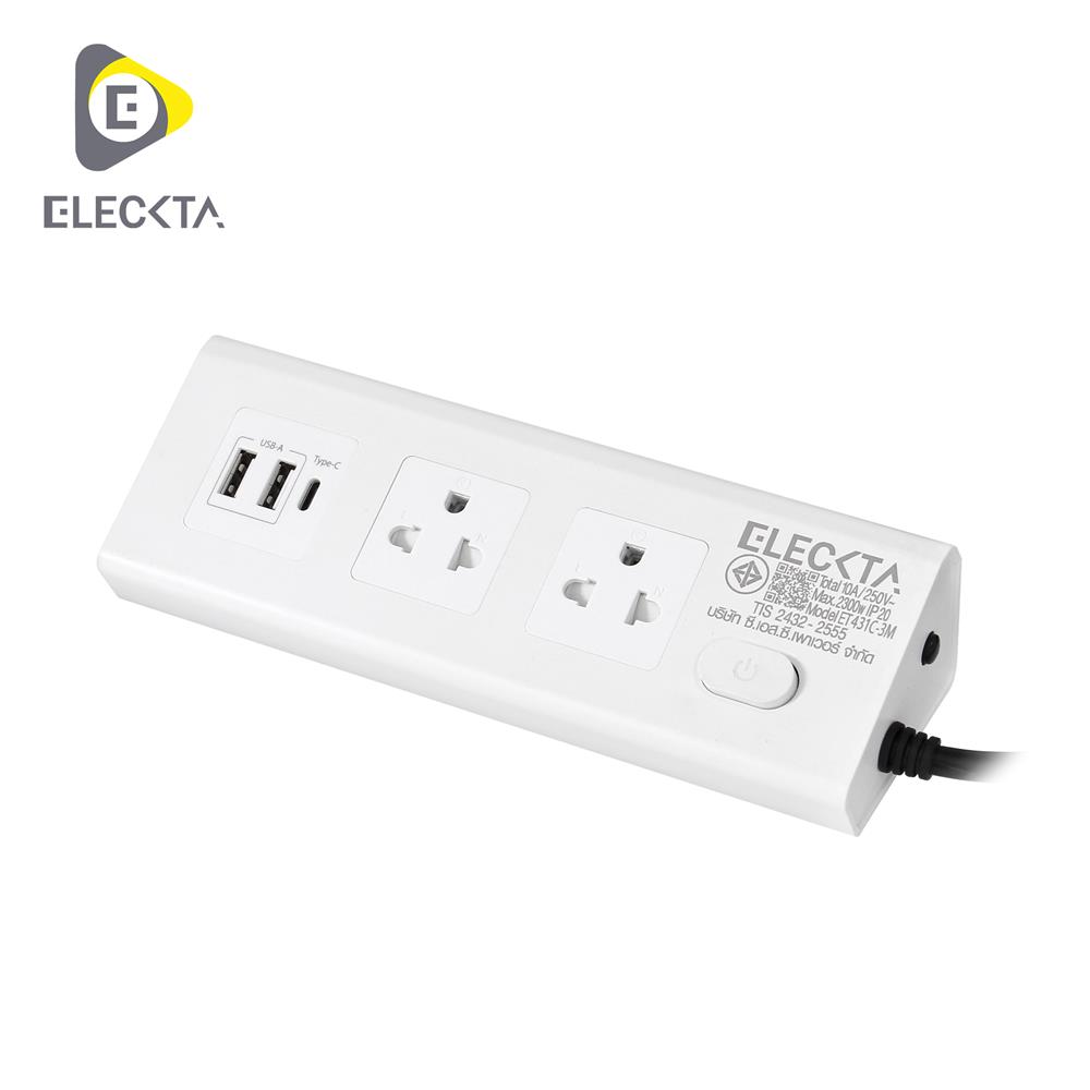 รางปลั๊กไฟ 2 ช่อง 1 สวิตช์ 2 USB 1 Type-C ELECKTA ET431C 3 ม. สีขาว_1