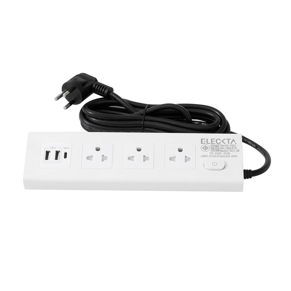 รางปลั๊กไฟ 3 ช่อง 1 สวิตช์ 2 USB 1 Type-C ELECKTA ET441C-3M 3 ม. สีขาว