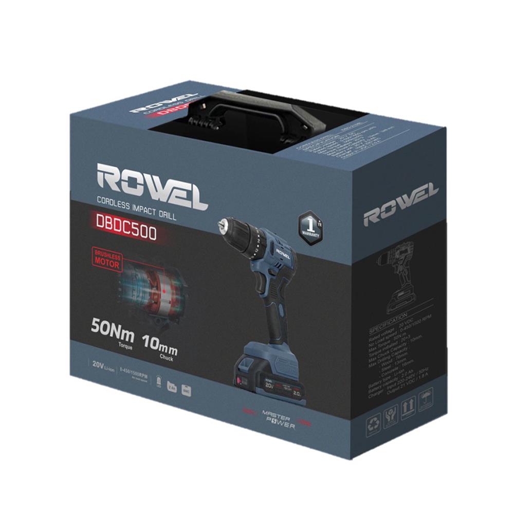 สว่านกระแทกไร้สาย (พร้อมแบตเตอรี่) ROWEL RW-PT-DBDC500 20 โวลต์