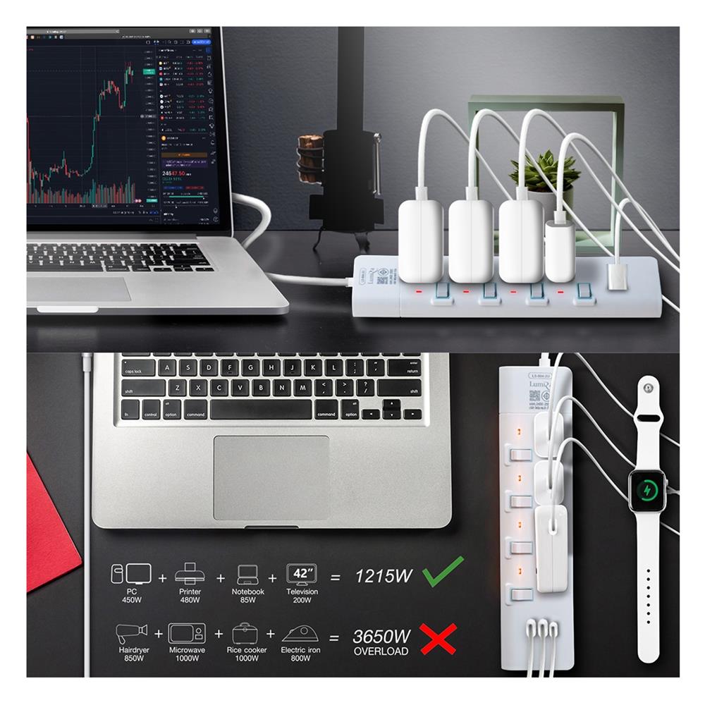 รางปลั๊กไฟ 4 ช่อง 4 สวิตช์ 2 USB 1 TYPE C LUMIRA LS-804-2U 3 ม.
