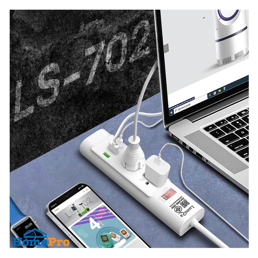 รางปลั๊กไฟ 2 ช่อง 1 สวิตช์ 2 USB 1 TYPE C LUMIRA LS-702 2 ม.