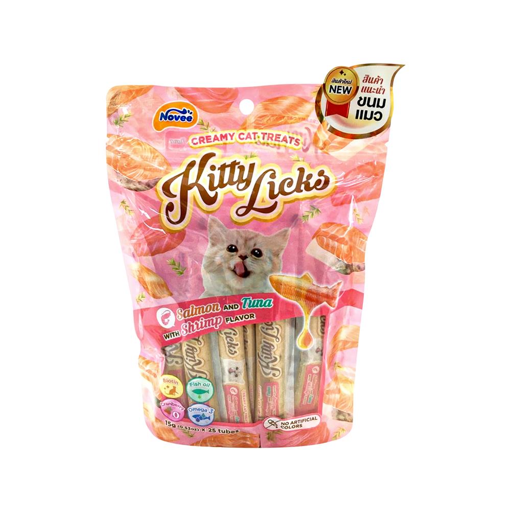 ขนมแมวเลีย NOVEE SALMON AND TUNA WITH SHRIMP FLAVOR 15 ก. แพ็ก 25 ชิ้น