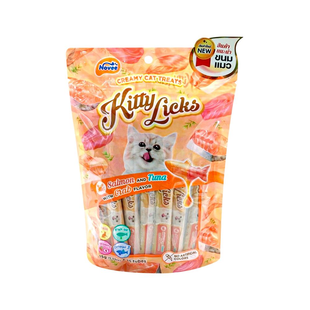 ขนมแมวเลีย NOVEE SALMON AND TUNA WITH CRAB FLAVOR 15 ก. แพ็ก 25 ชิ้น