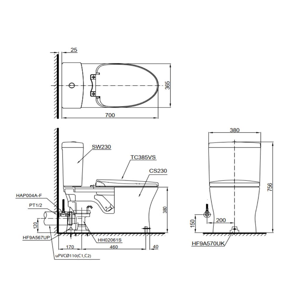 สุขภัณฑ์ 2 ชิ้น TOTO CST230P 3/4.8 ลิตร สีขาว