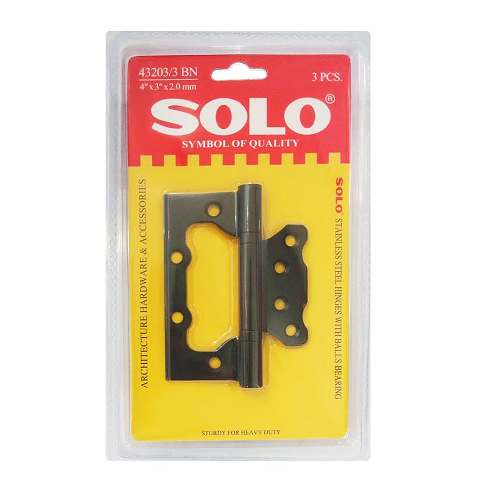บานพับ 4X3นิ้ว X 2 มม. SOLO 43203 สีดำ แพ็ก 3 ชิ้น ไม่เซาะร่อง