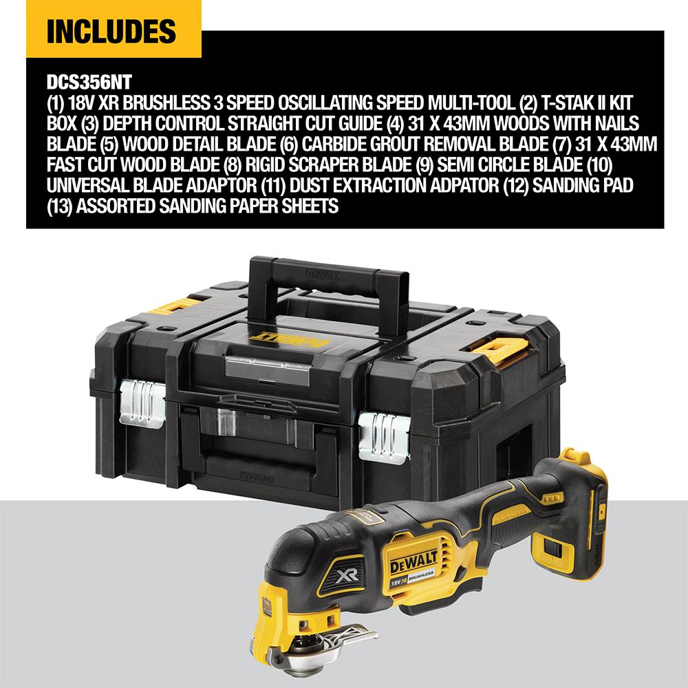 เครื่องมืออเนกประสงค์ระบบสั่นไร้สาย (เฉพาะตัวเครื่อง) DEWALT DCS356NT-XJ 18 โวลต์ (สูงสุด 20 โวลต์)
