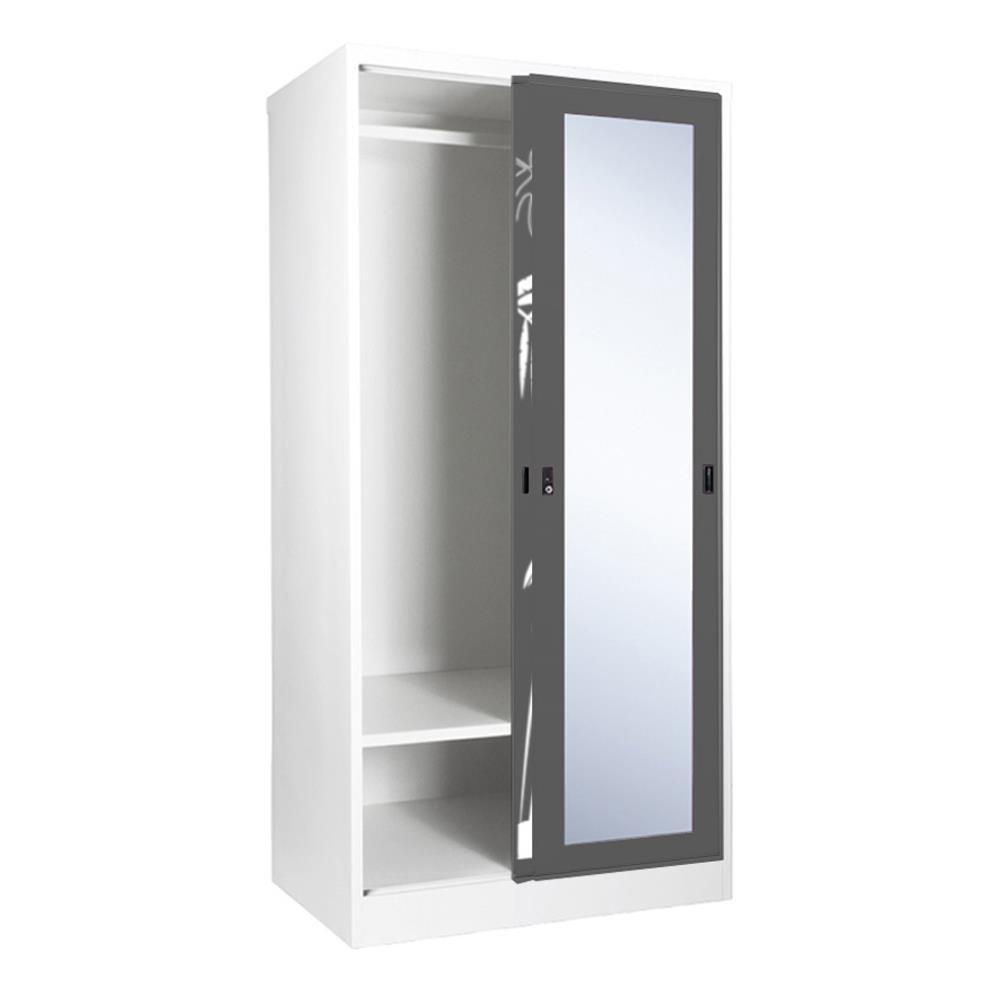 ตู้เสื้อผ้าเหล็กบานเลื่อนผสมกระจกเงา KIOSK SSW-18/I 91.4 ซม. สีเทา