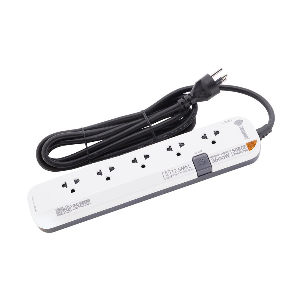 รางปลั๊กไฟ 5 ช่อง 1 สวิตซ์ TOSHINO 16A P5315-5M WG