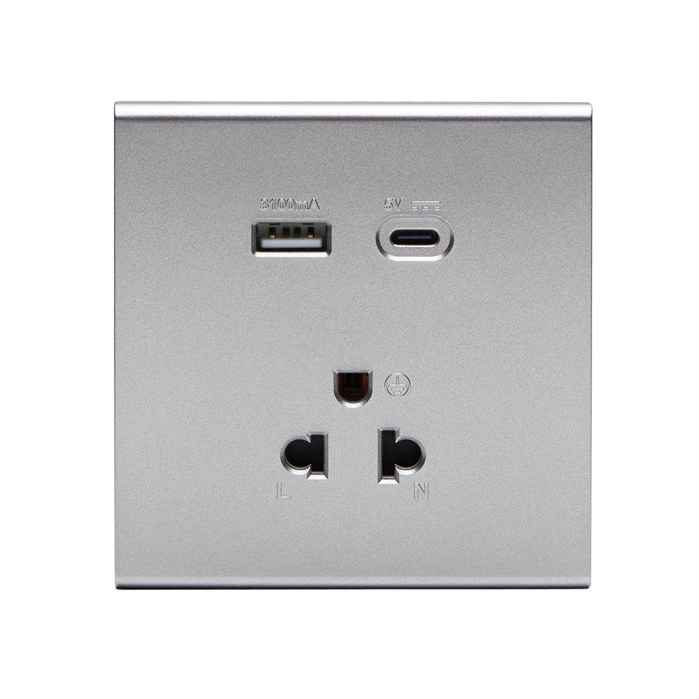 ชุดเต้ารับเดี่ยว 3 ขา พร้อม USB และ TYPE-C SAHN D10LUSBC-SL สีเงิน_0