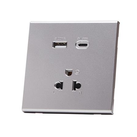 ชุดเต้ารับเดี่ยว 3 ขา พร้อม USB และ TYPE-C SAHN D10LUSBC-SL สีเงิน_2