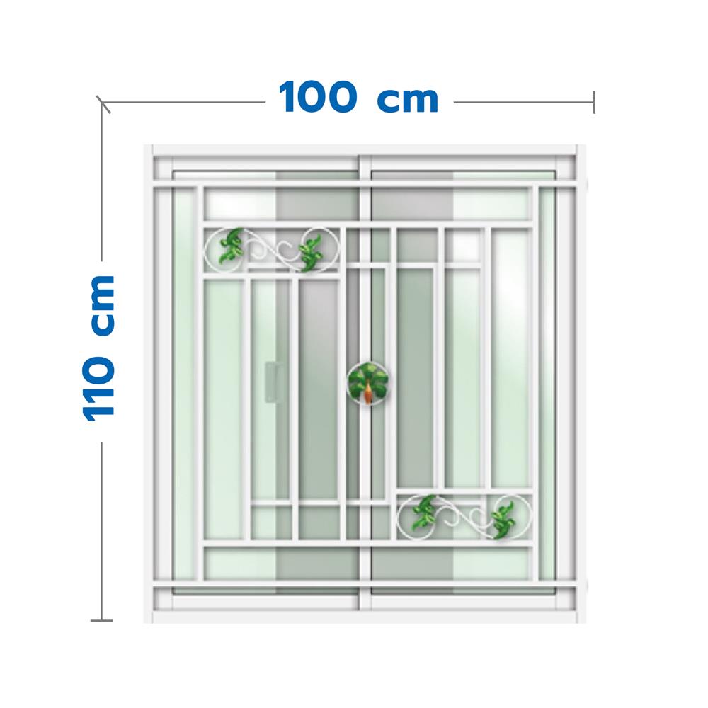 หน้าต่างบานเลื่อน อะลูมิเนียม S-S เหล็กดัด มุ้ง LYNN ลายใบไม้เรียกทรัพย์ 100X110 ซม. สีขาว
