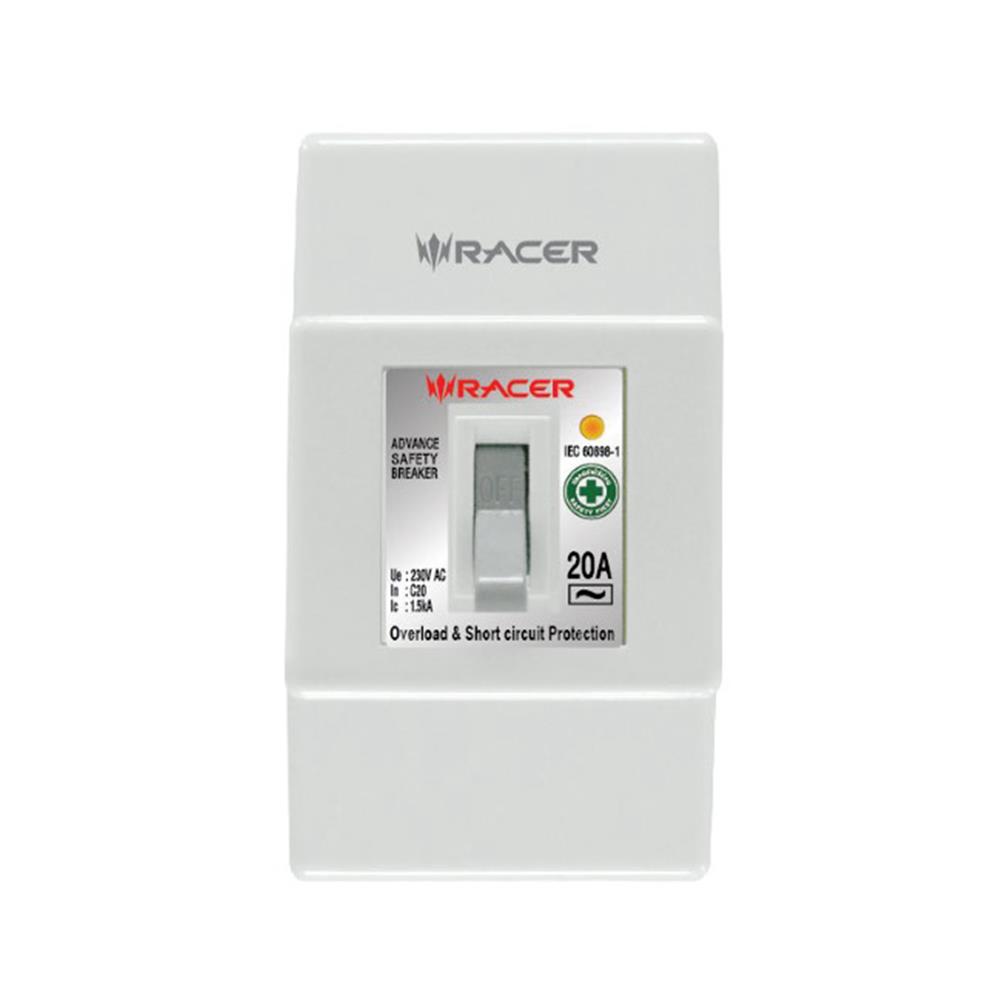 เซฟตี้เบรกเกอร์พร้อมกล่อง 20 แอมป์ 1 เฟส RACER 2P1E 1.5KA