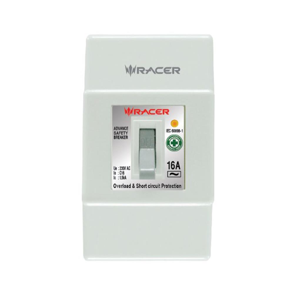 เซฟตี้เบรกเกอร์พร้อมกล่อง 16 แอมป์ 1 เฟส RACER 2P1E 1.5KA