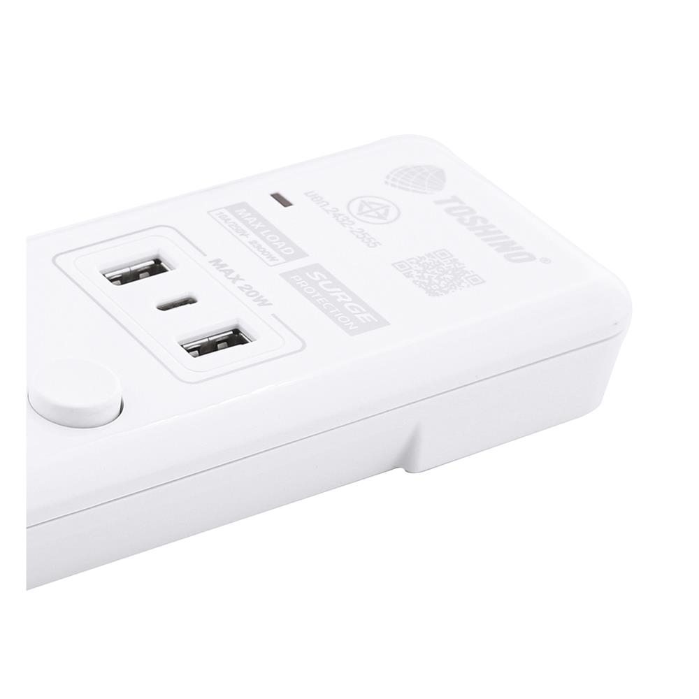 รางปลั๊กไฟ 5 ช่อง 5 สวิตช์ 2 USB 1 TYPE C TOSHINO WY-53 3 ม. สีขาว