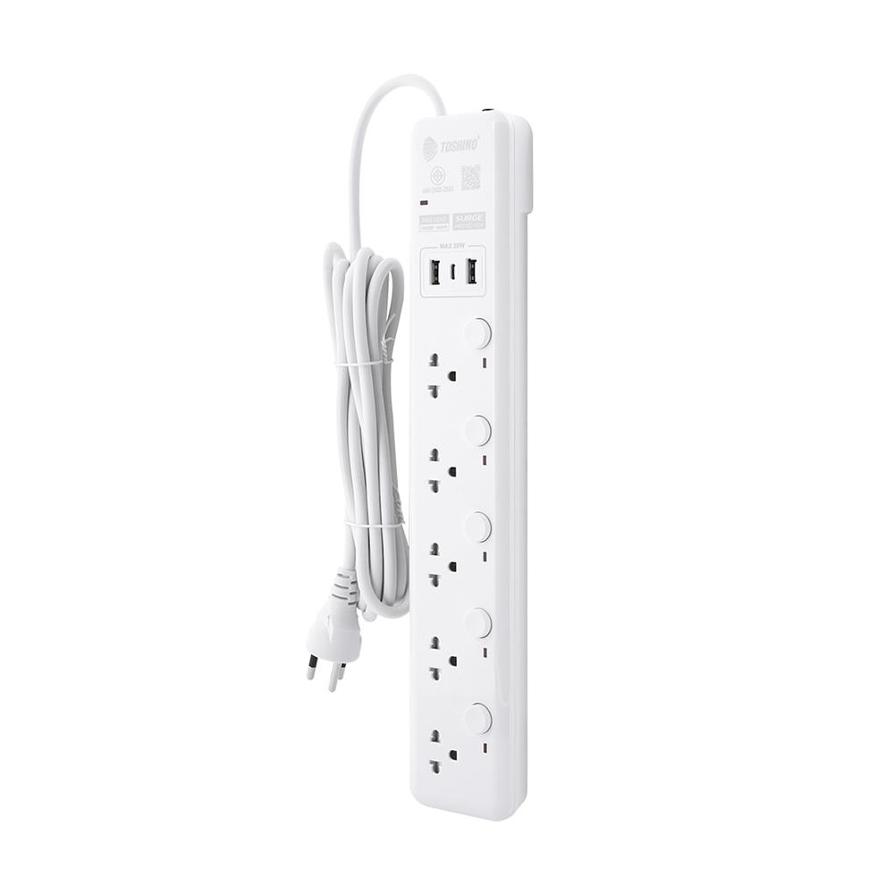 รางปลั๊กไฟ 5 ช่อง 5 สวิตช์ 2 USB 1 TYPE C TOSHINO WY-53 3 ม. สีขาว