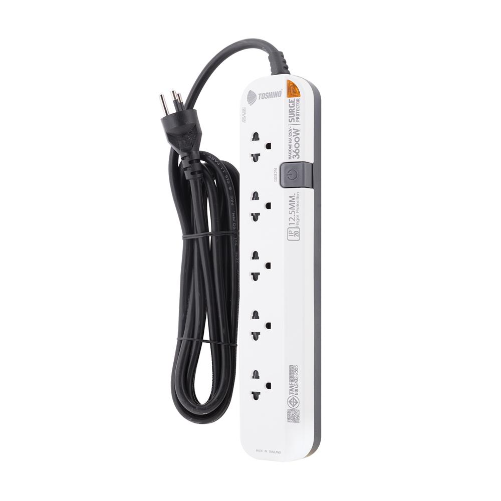 รางปลั๊กไฟ 5 ช่อง 1 สวิตช์ TOSHINO P5315 3 ม. สีขาวเทา